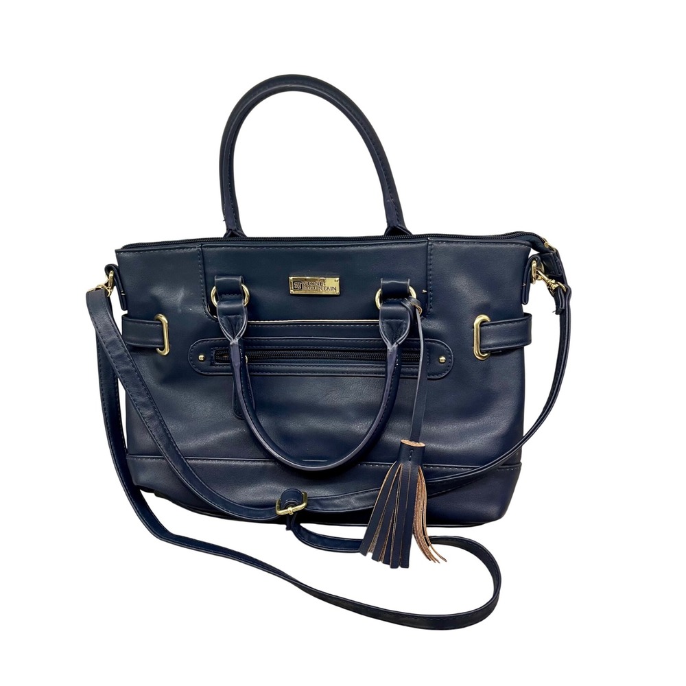Stone Mountain Navy Faux Leather Convertible Satchel Shoulder Bag Gold Accents